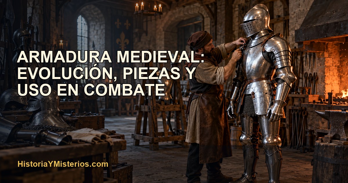 Armadura medieval completa en el taller de un armero del siglo XV