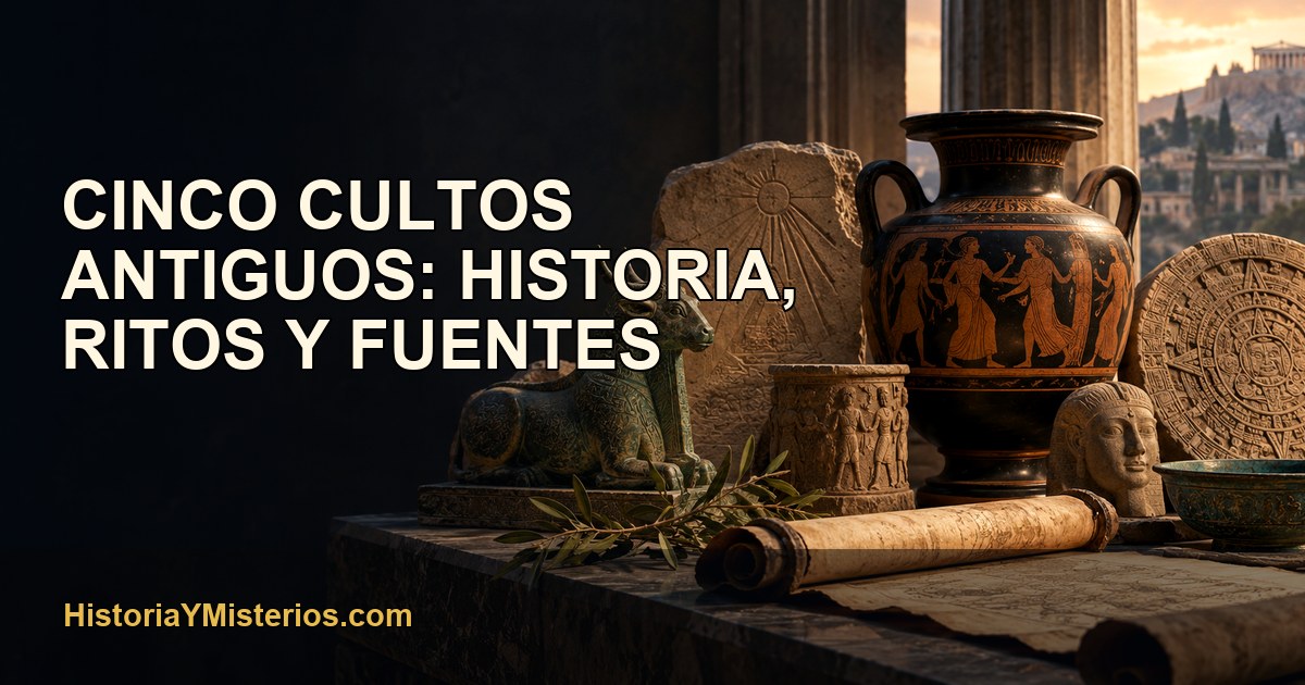 Cinco cultos antiguos: historia, ritos y fuentes — imagen editorial de HistoriaYMisterios.com
