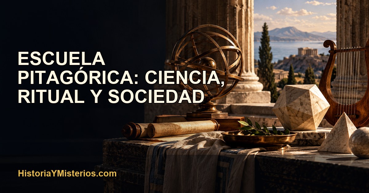 Escuela pitagórica: ciencia, ritual y sociedad — imagen editorial de HistoriaYMisterios.com