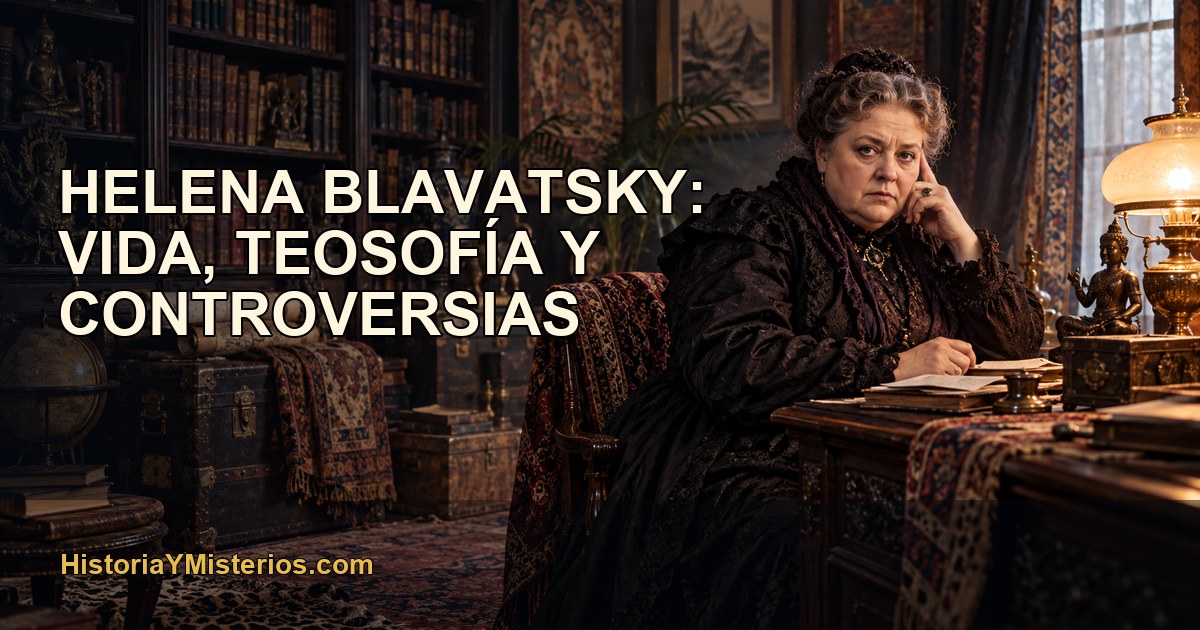 Helena Blavatsky en un estudio victoriano rodeada de libros y recuerdos de viaje
