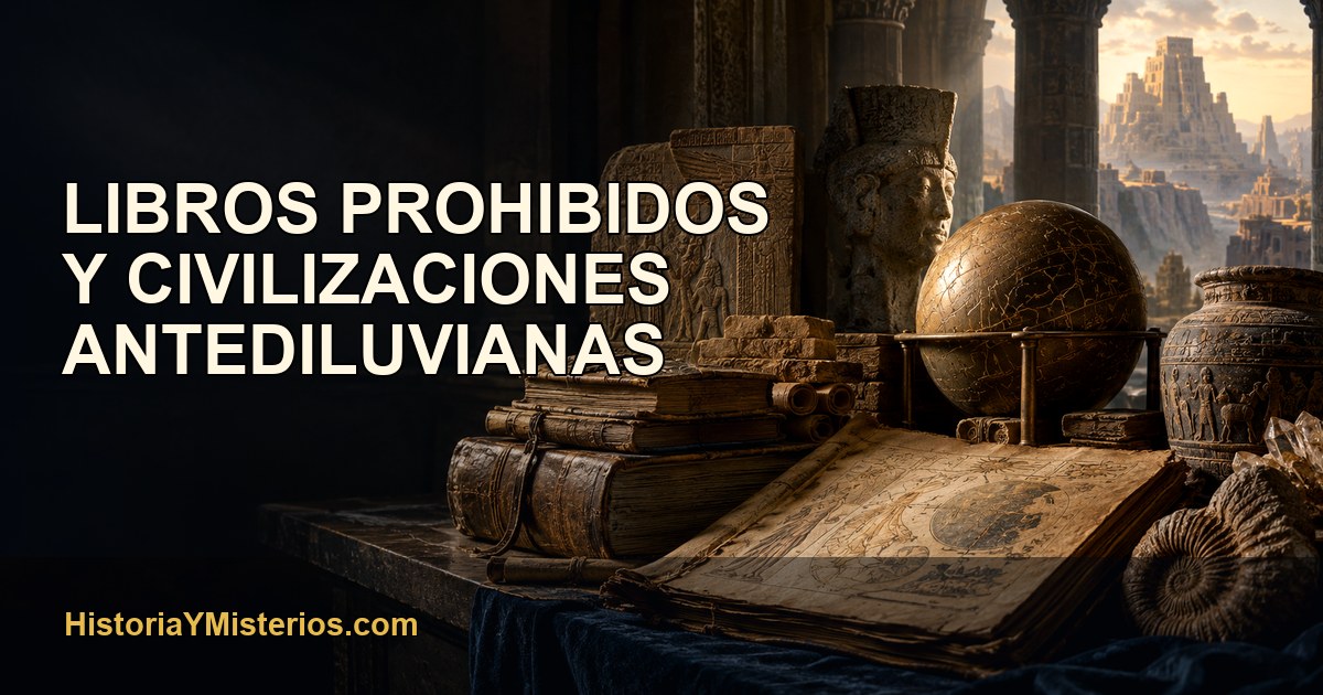 Libros prohibidos y civilizaciones antediluvianas — imagen editorial de HistoriaYMisterios.com