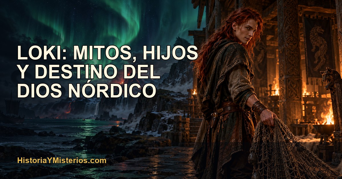 Loki como viajero ambiguo de la mitología nórdica junto a un paisaje volcánico