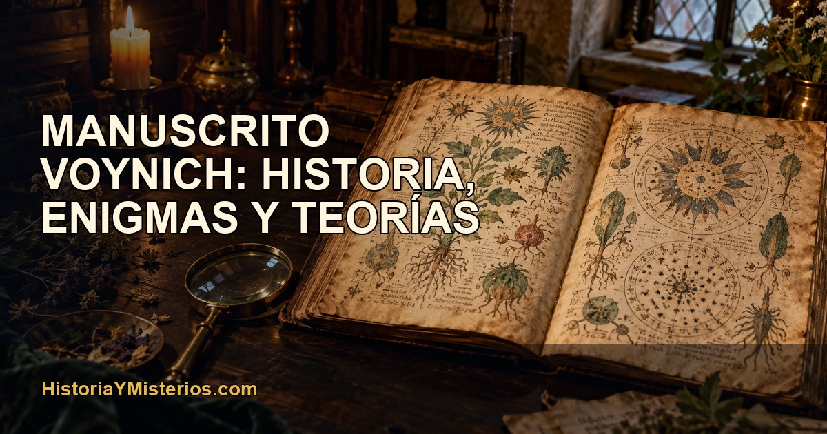 Manuscrito Voynich abierto en un scriptorium con ilustraciones botánicas misteriosas