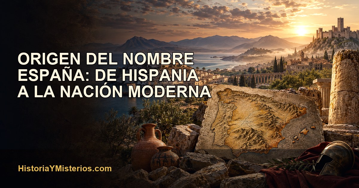 Origen del nombre España representado mediante la antigua Hispania y la península ibérica
