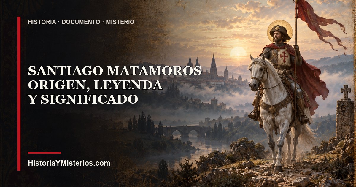 Santiago Matamoros como figura legendaria medieval a caballo, sin escena de violencia