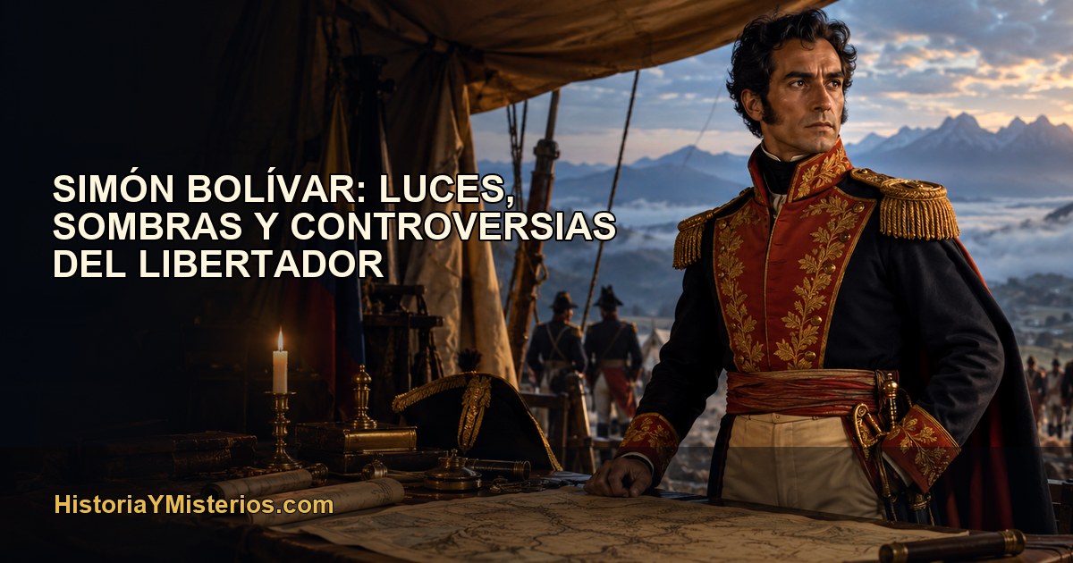 Simón Bolívar ante un mapa histórico de la Gran Colombia en un cuartel de campaña