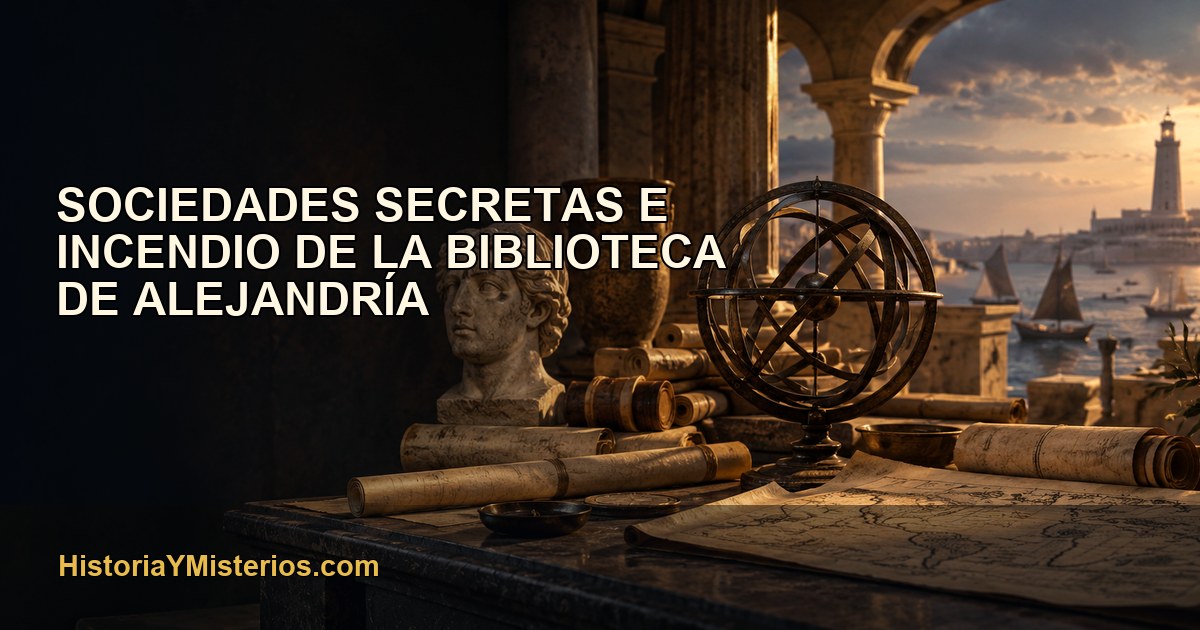Sociedades secretas e incendio de la Biblioteca de Alejandría — imagen editorial de HistoriaYMisterios.com