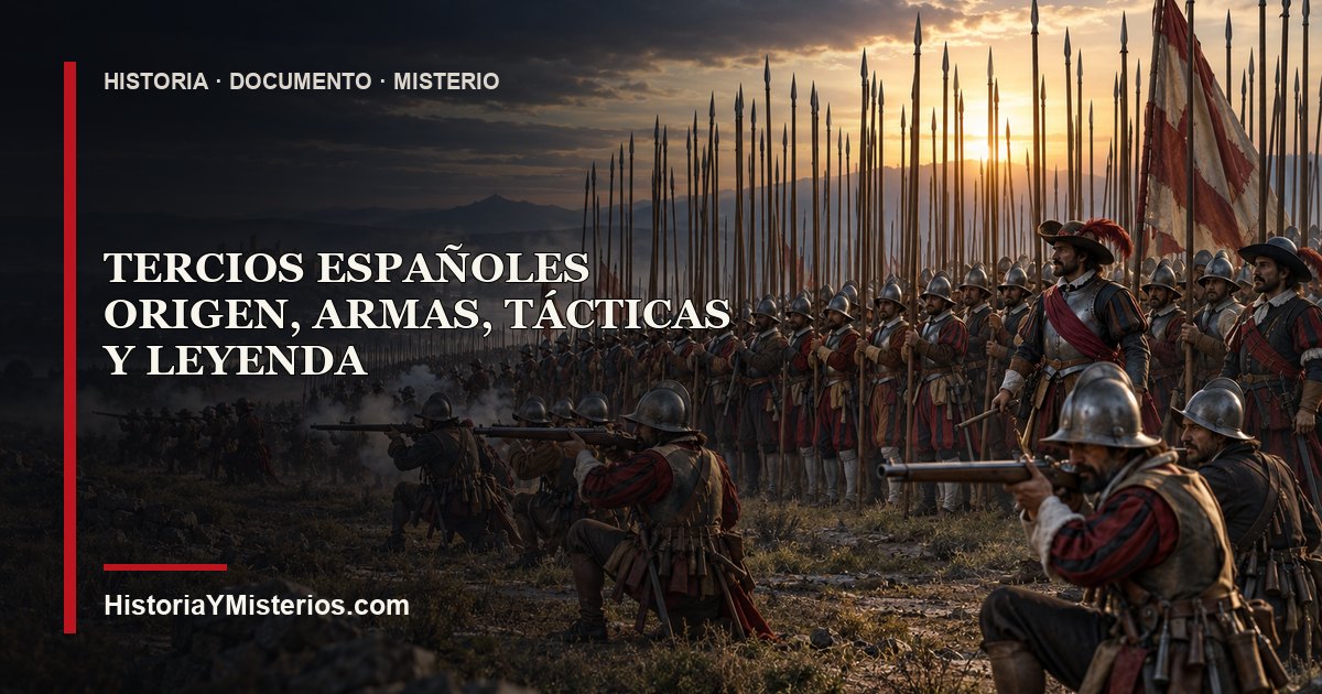 Tercios españoles con piqueros y arcabuceros desplegados en un campo de batalla del siglo XVI