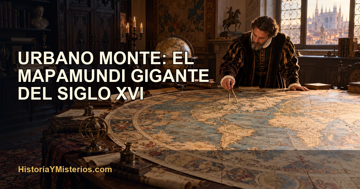 Urbano Monte examinando su enorme mapamundi circular de 1587